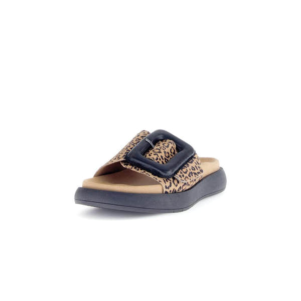 Gabor Adios Ladies Brown Animal Print Suede Touch Fastening Sandals with buckle detail and cushioned sole.
