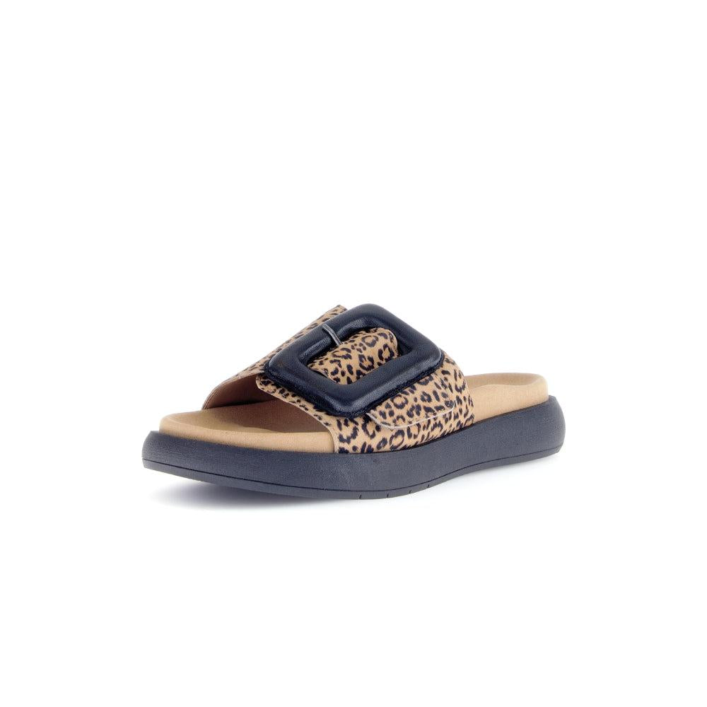 Gabor Ladies Brown Animal Print Suede Touch Fastening Sandals with buckle detail and chunky sole.
