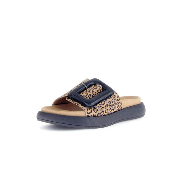 Gabor Ladies Brown Animal Print Suede Touch Fastening Sandals with buckle detail and chunky sole.