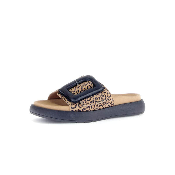 Gabor Adios Ladies brown animal print suede touch fastening sandals with chunky black sole.