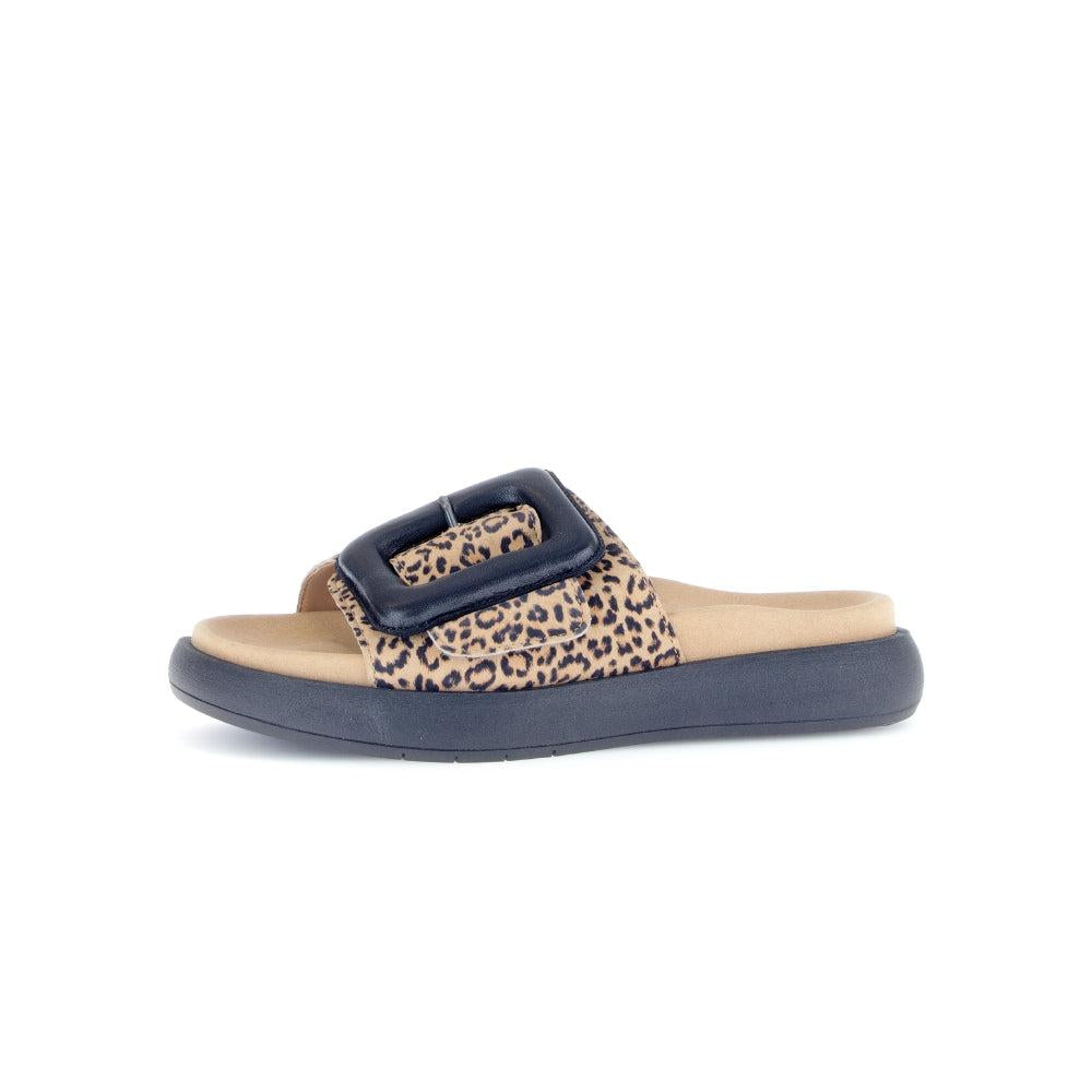Gabor Adios Ladies brown animal print suede touch fastening sandals with black buckle and sole.