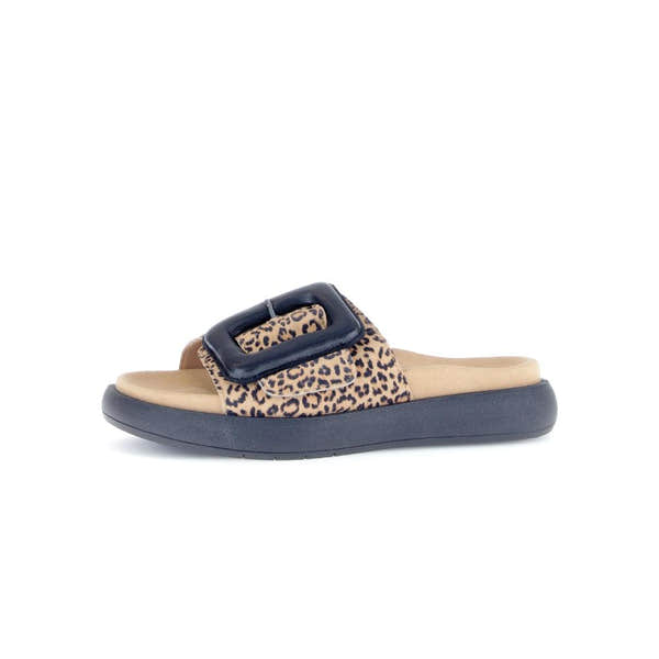 Gabor Adios Ladies brown animal print suede touch fastening sandals with black buckle and sole.