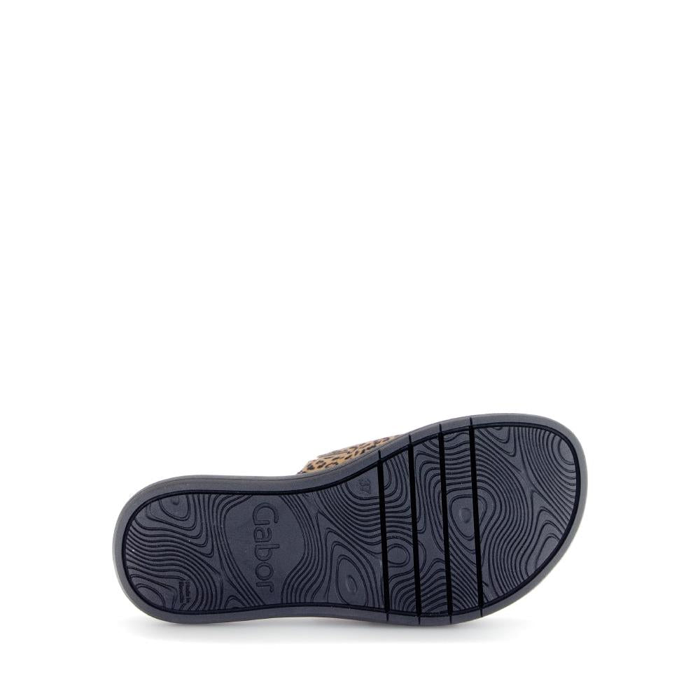 Gabor Adios Ladies Brown Animal Print Suede Touch Fastening Sandals with rubber sole and stylish design.