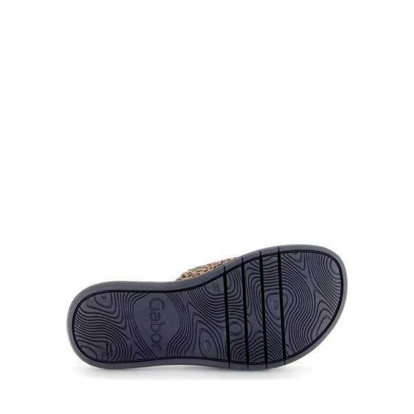 Gabor Adios Ladies Brown Animal Print Suede Touch Fastening Sandals with rubber sole and stylish design.