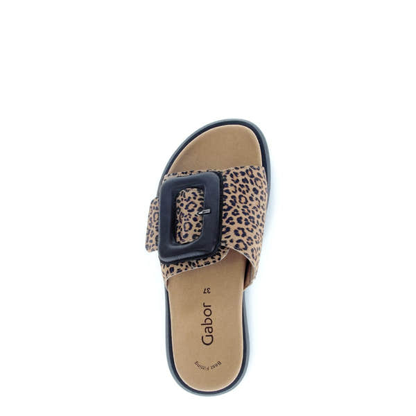 Gabor Adios Ladies Brown Animal Print Suede Touch Fastening Sandals with a bold buckle, comfort sole, and slip-on design.