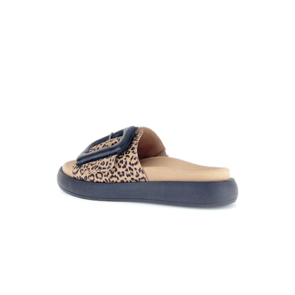 Gabor Adios Ladies Brown Animal Print Suede Touch Fastening Sandals with cushioned insole and slip-on style.