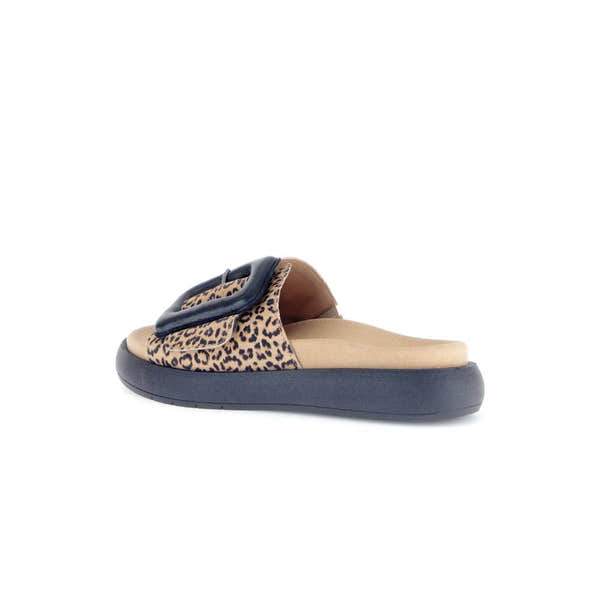 Gabor Adios Ladies Brown Animal Print Suede Touch Fastening Sandals with cushioned insole and slip-on style.