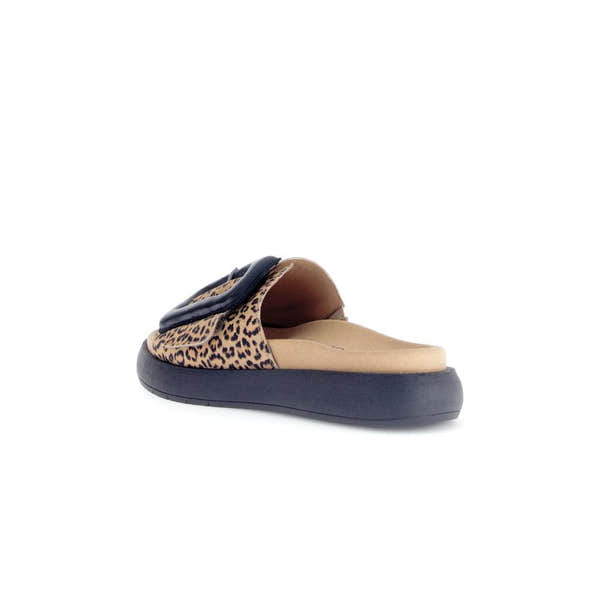 Gabor Adios Ladies Brown Animal Print Suede Touch Fastening Sandals with black sole and cushioned footbed.