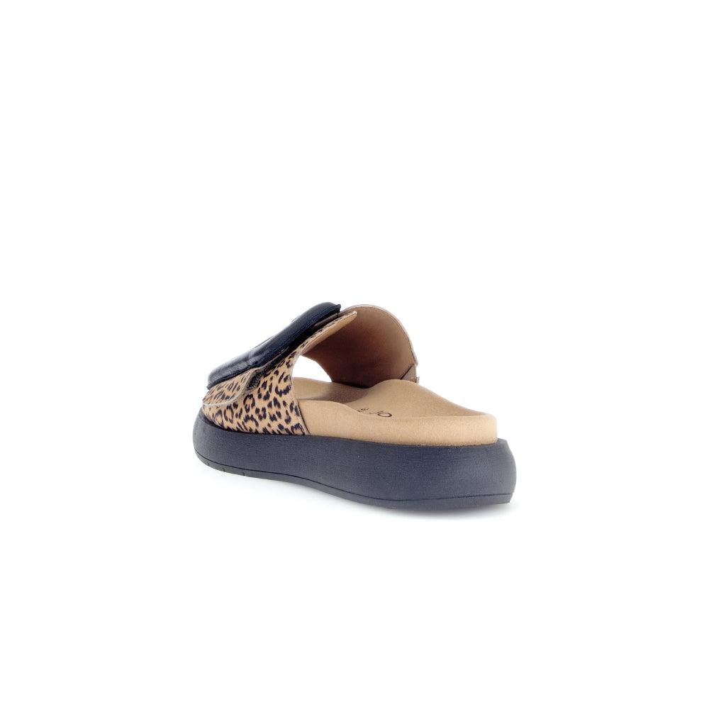 Gabor Adios Ladies brown animal print suede touch fastening sandals with cushioned beige insole and black sole.