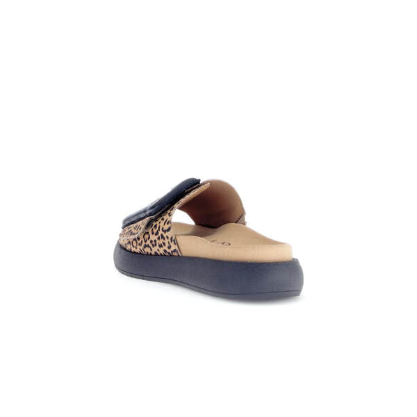 Gabor Adios Ladies brown animal print suede touch fastening sandals with cushioned beige insole and black sole.