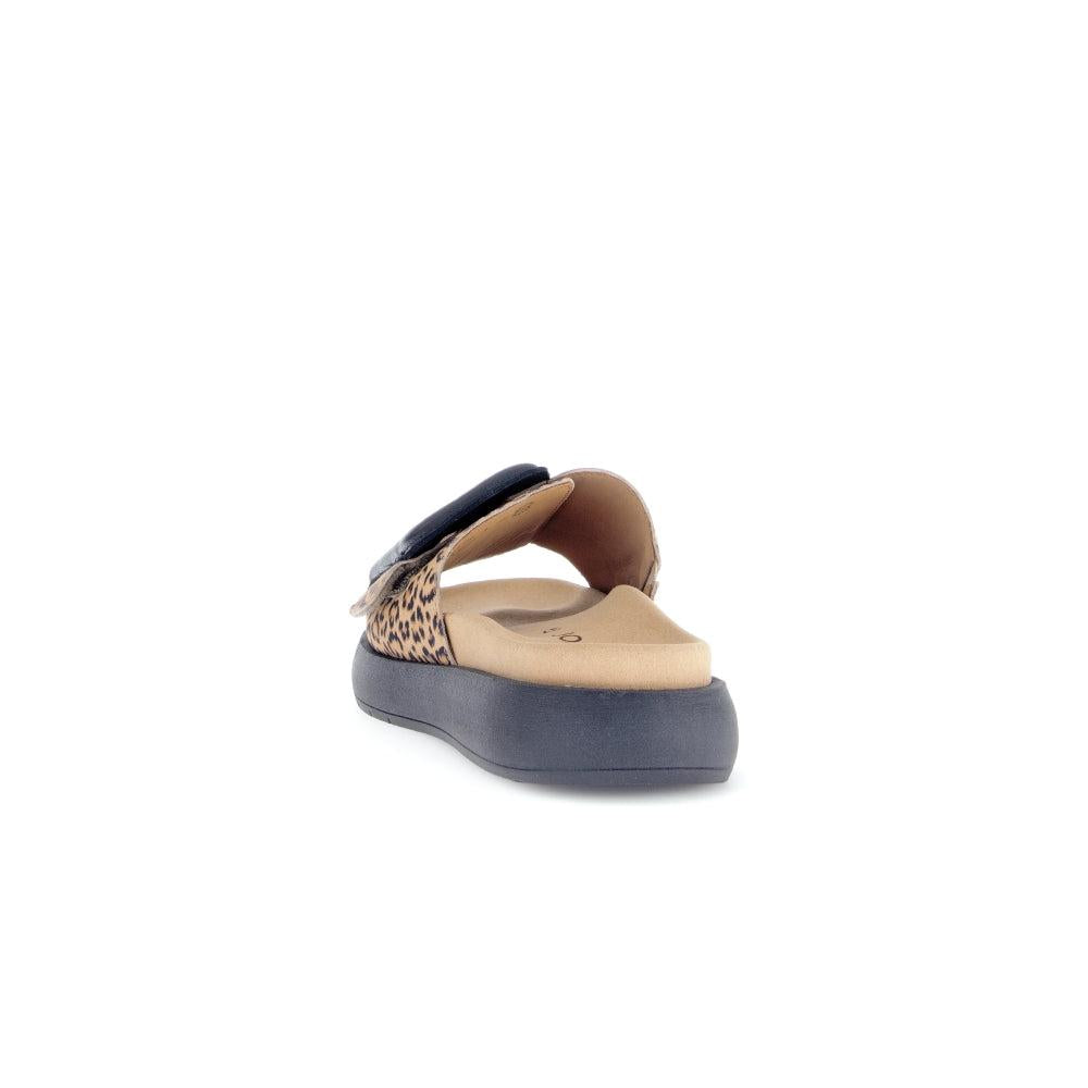 Gabor Adios Ladies Brown Animal Print Suede Touch Fastening Sandal with black sole and animal print details.