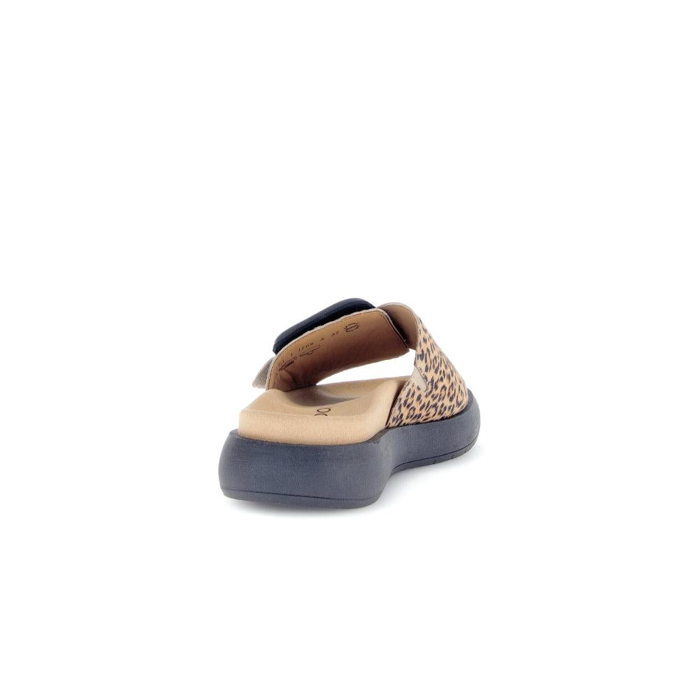 Gabor Adios Ladies Brown Animal Print Suede Touch Fastening Sandals, chunky sole, leopard print detail, comfortable slip-on design.
