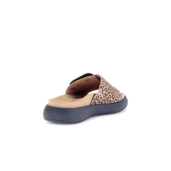 Gabor Adios Ladies brown animal print suede touch fastening sandals with cushioned insole and black sole.