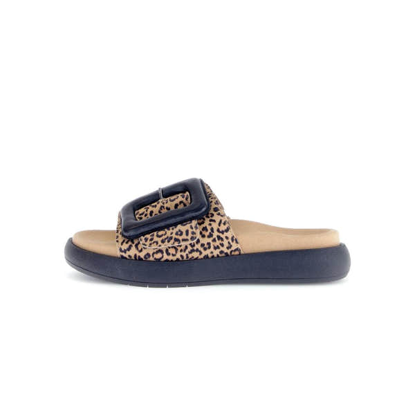 Gabor Adios Ladies Brown Animal Print Suede Touch Fastening Sandals with chunky sole and buckle strap.