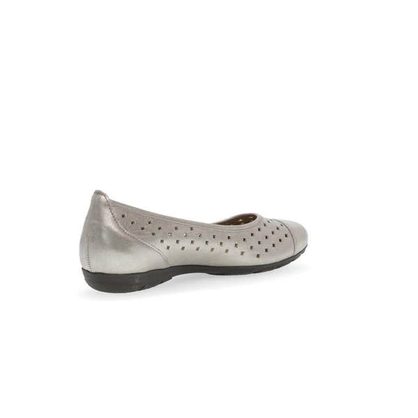 Gabor women's gold leather slip-on ballet flat with perforated design and black sole.