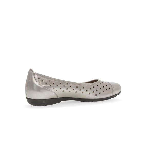 Gabor women's gold leather slip-on ruffle shoes with perforated details and flat sole.