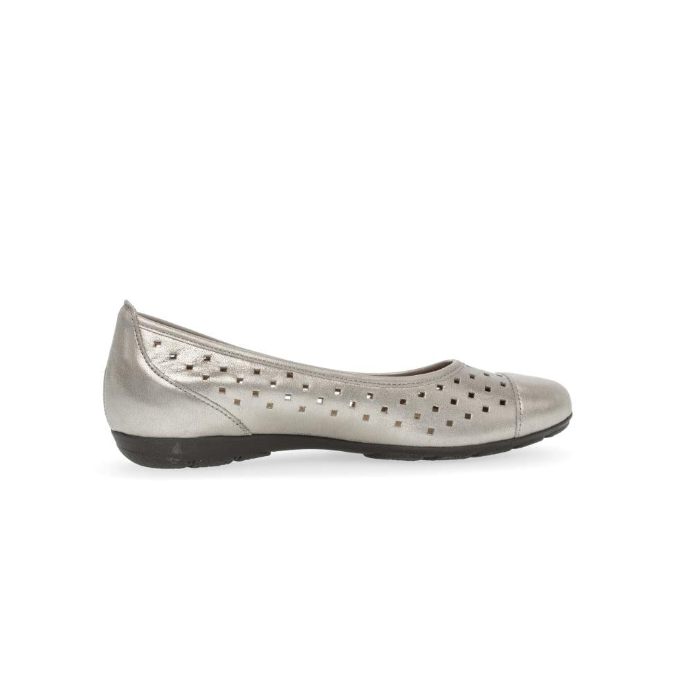 Gabor women's gold leather slip-on ruffle ballet flats with perforated design and black sole.