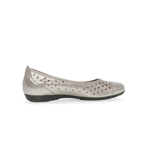 Gabor women's gold leather slip-on ruffle ballet flats with perforated design and black sole.
