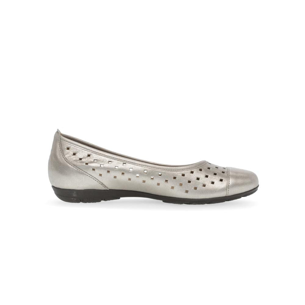 Gabor women's gold leather slip-on shoes with perforated design and low black sole.