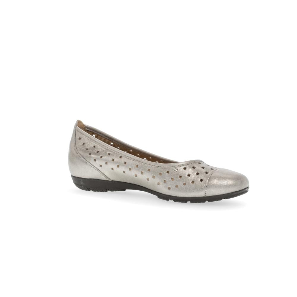 Gabor ladies' slip-on shoes in metallic gold leather with perforated design, round toe, and low rubber sole.