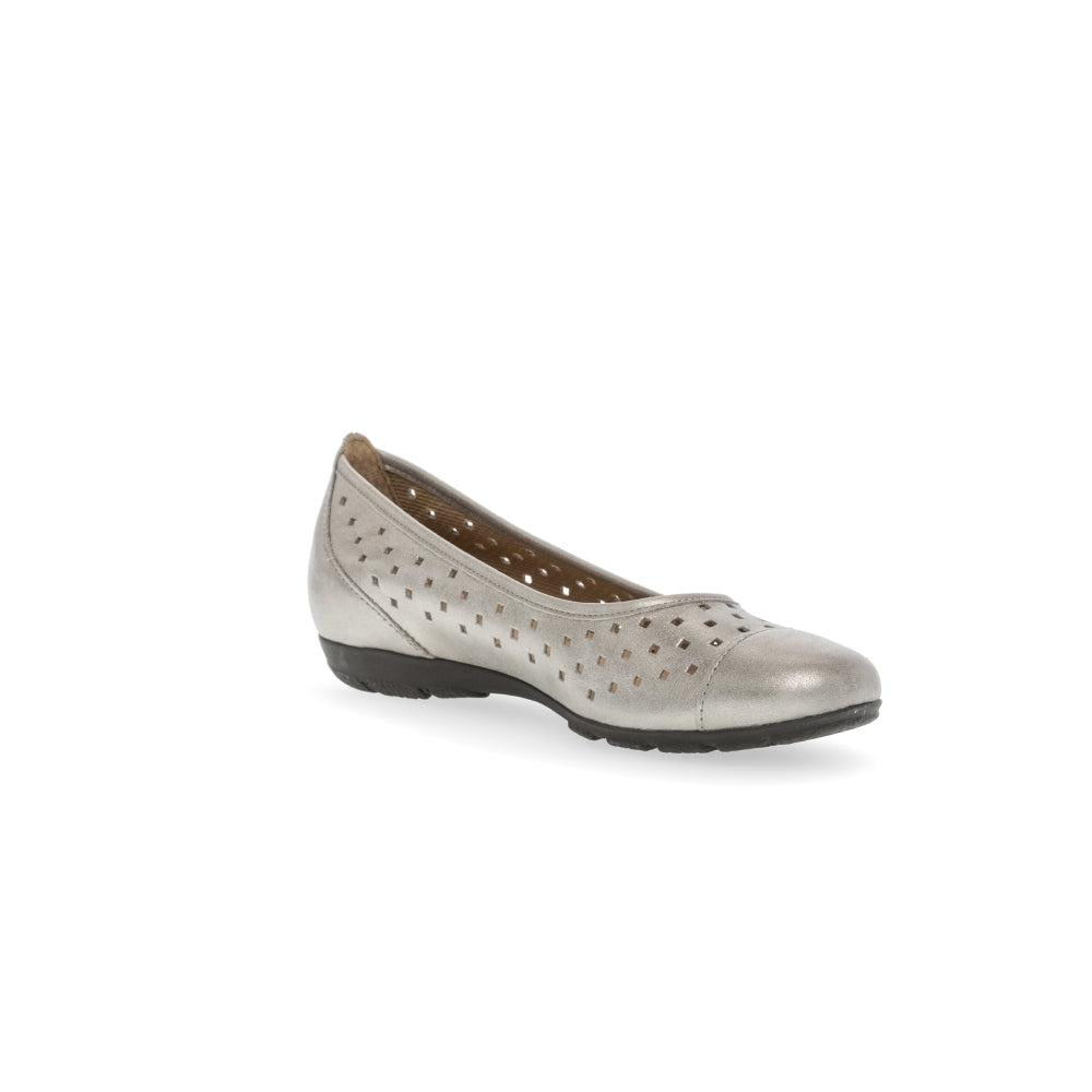Gabor women's gold leather slip-on ruffle shoes with perforated design and low wedge heel.
