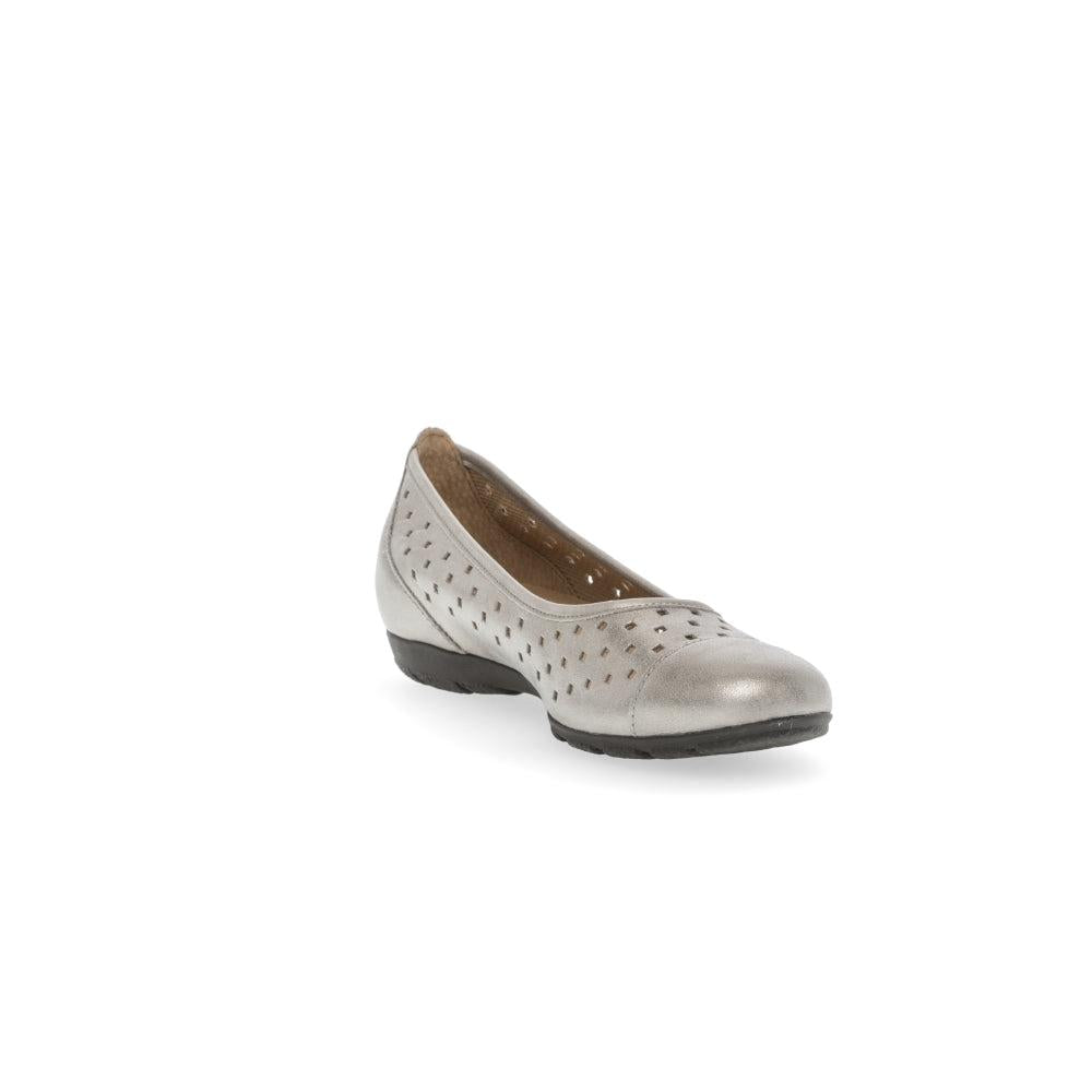 Gabor women's gold leather slip-on ruffle shoes with perforated design and low heel.