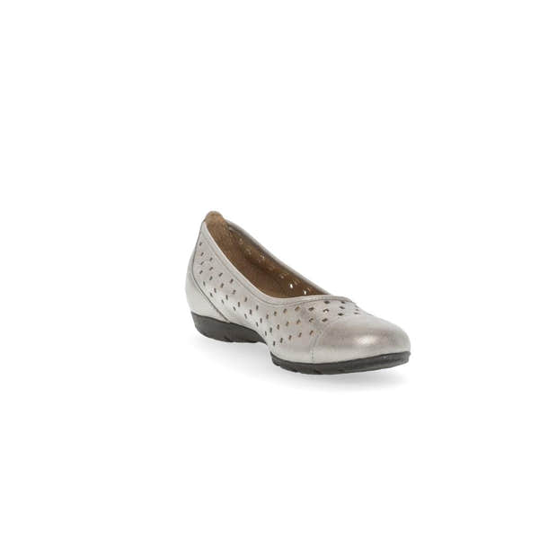 Gabor women's gold leather slip-on ruffle shoes with perforated design and low heel.