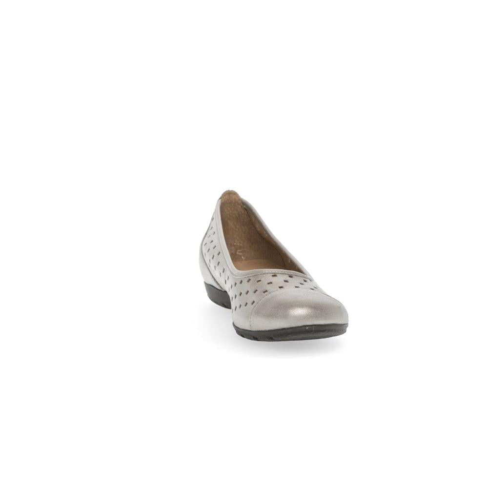 Gabor women's gold leather slip-on shoe with perforated design, low heel, and rounded toe.
