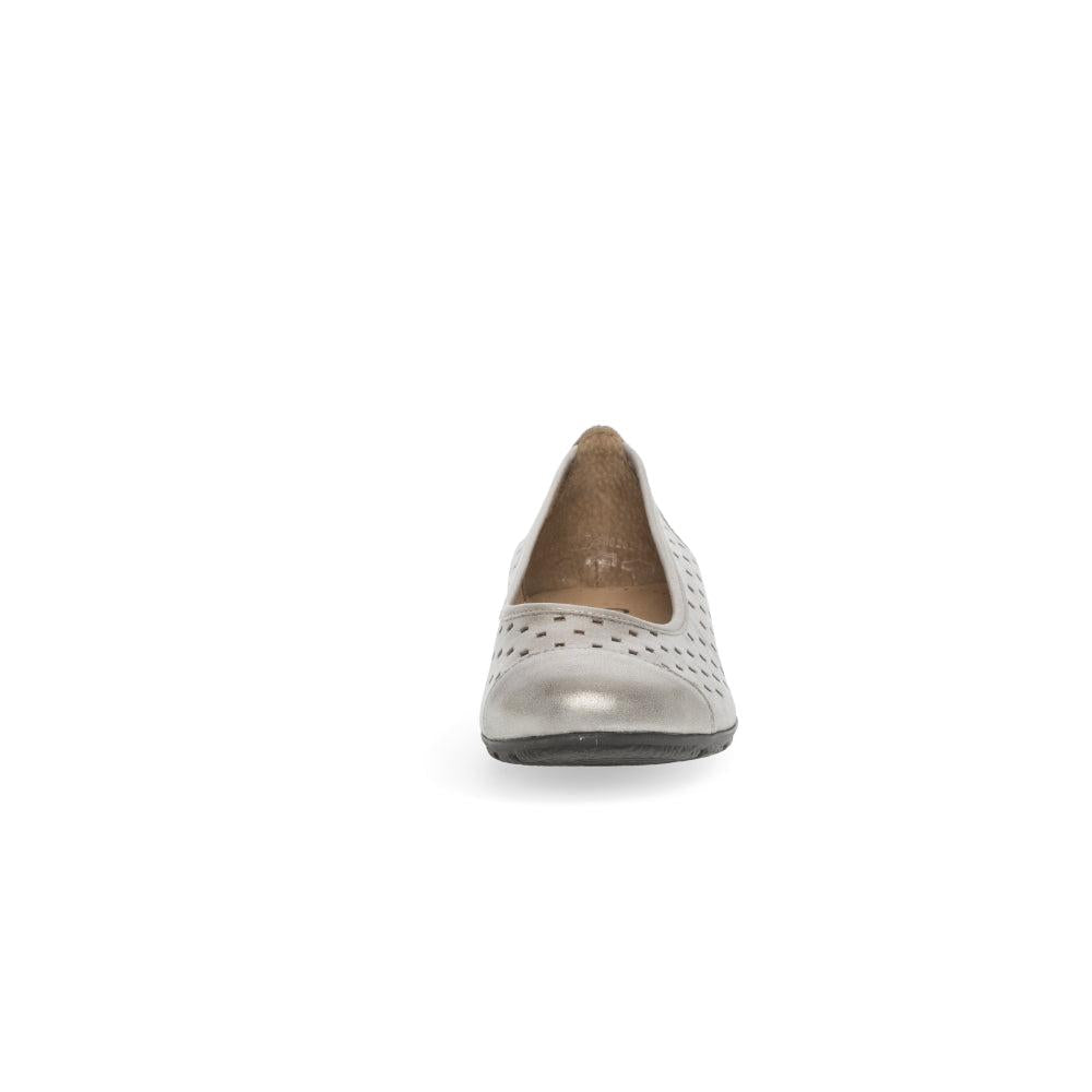 Gabor women's gold leather slip-on shoes with perforated detailing and rounded toe.