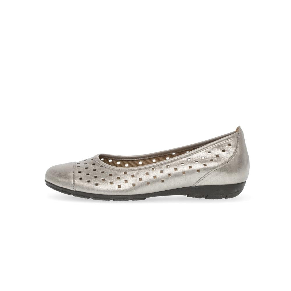 Gabor women's gold leather slip-on shoes with perforated design, low heel, and comfortable flat sole.