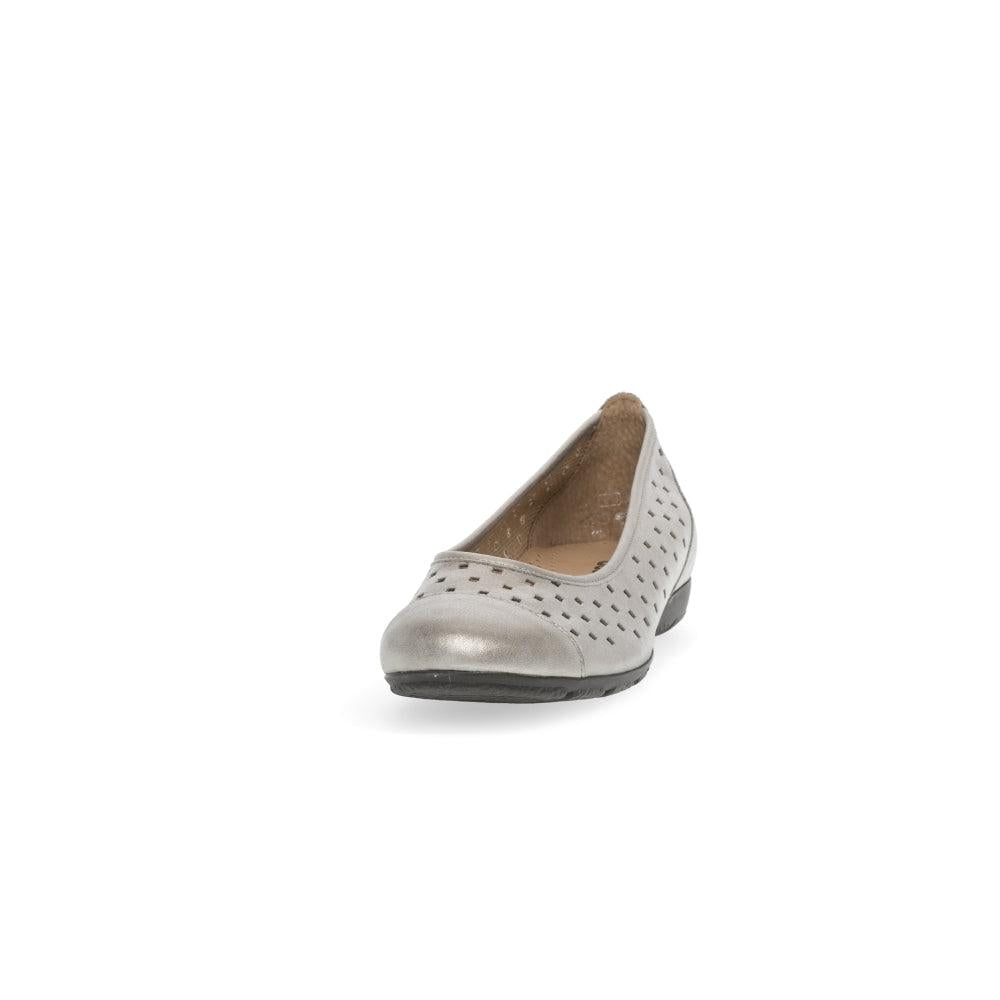 Gabor women's gold leather slip-on shoe with perforated design, cushioned interior, and low heel.