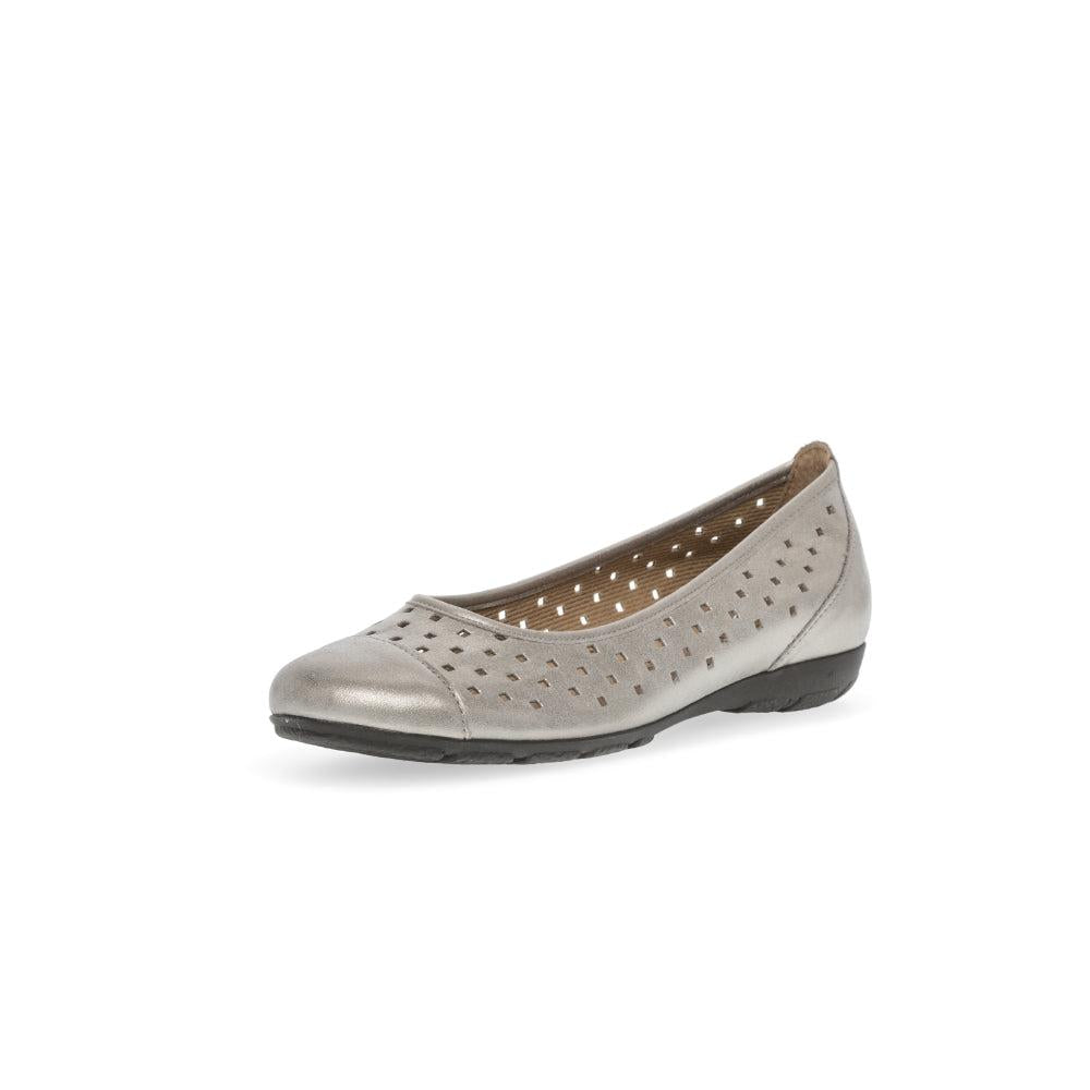 Gabor women's gold leather slip-on ruffle shoes with perforated design and comfortable flat sole.