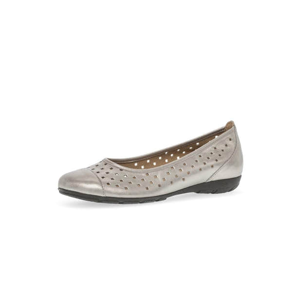 Gabor women's gold leather slip-on ruffle shoes with perforated design and black sole.