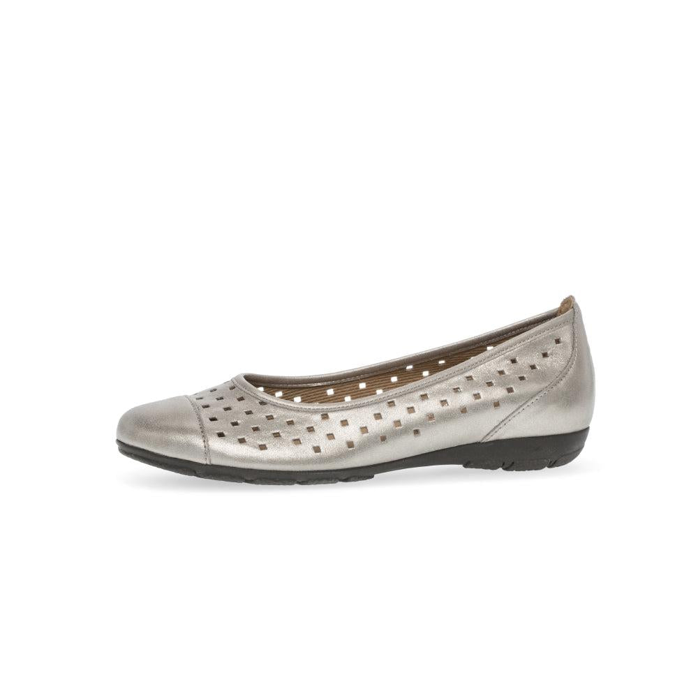 Gabor Ladies Gold Leather Slip-On Ruffle Shoes with perforated design and low rubber sole.