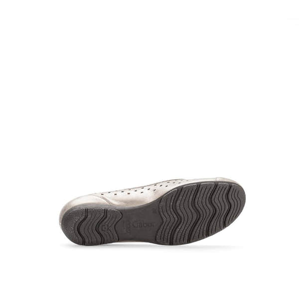 Gabor ladies' gold leather slip-on shoes with ruffle design and textured sole, suitable for casual and stylish wear.