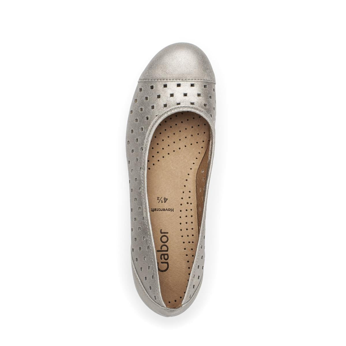 Gabor women's gold leather slip-on shoes with ruffle detail, perforated design, and cushioned beige insole for comfort.