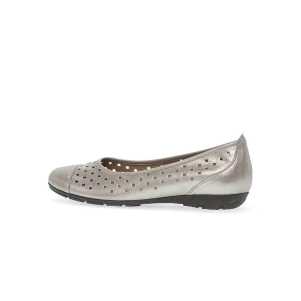Gabor Ladies Gold Leather Ruffle Slip-On Shoes with perforated upper and black sole.