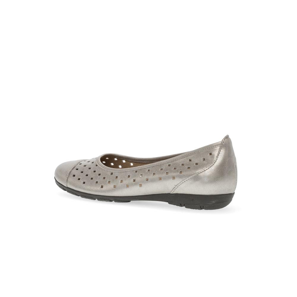 Gabor women's metallic gold leather slip-on ruffle shoes with perforated design and black sole.