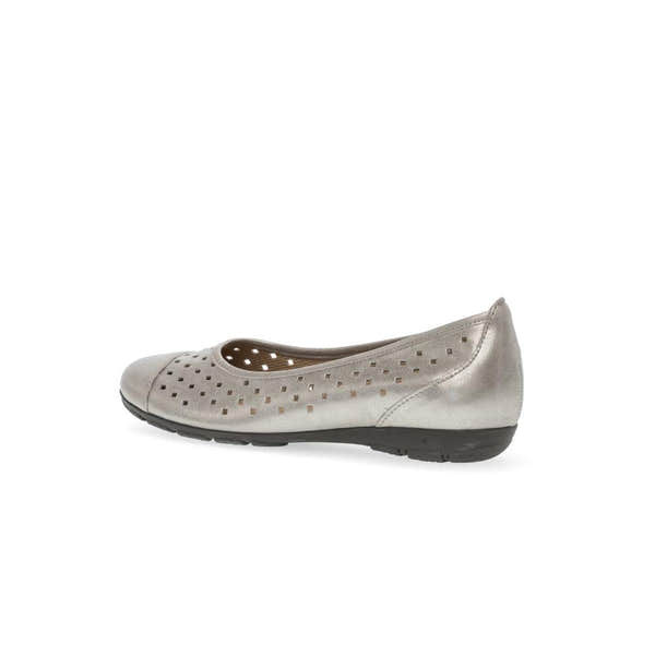 Gabor women's metallic gold leather slip-on ruffle shoes with perforated design and black sole.