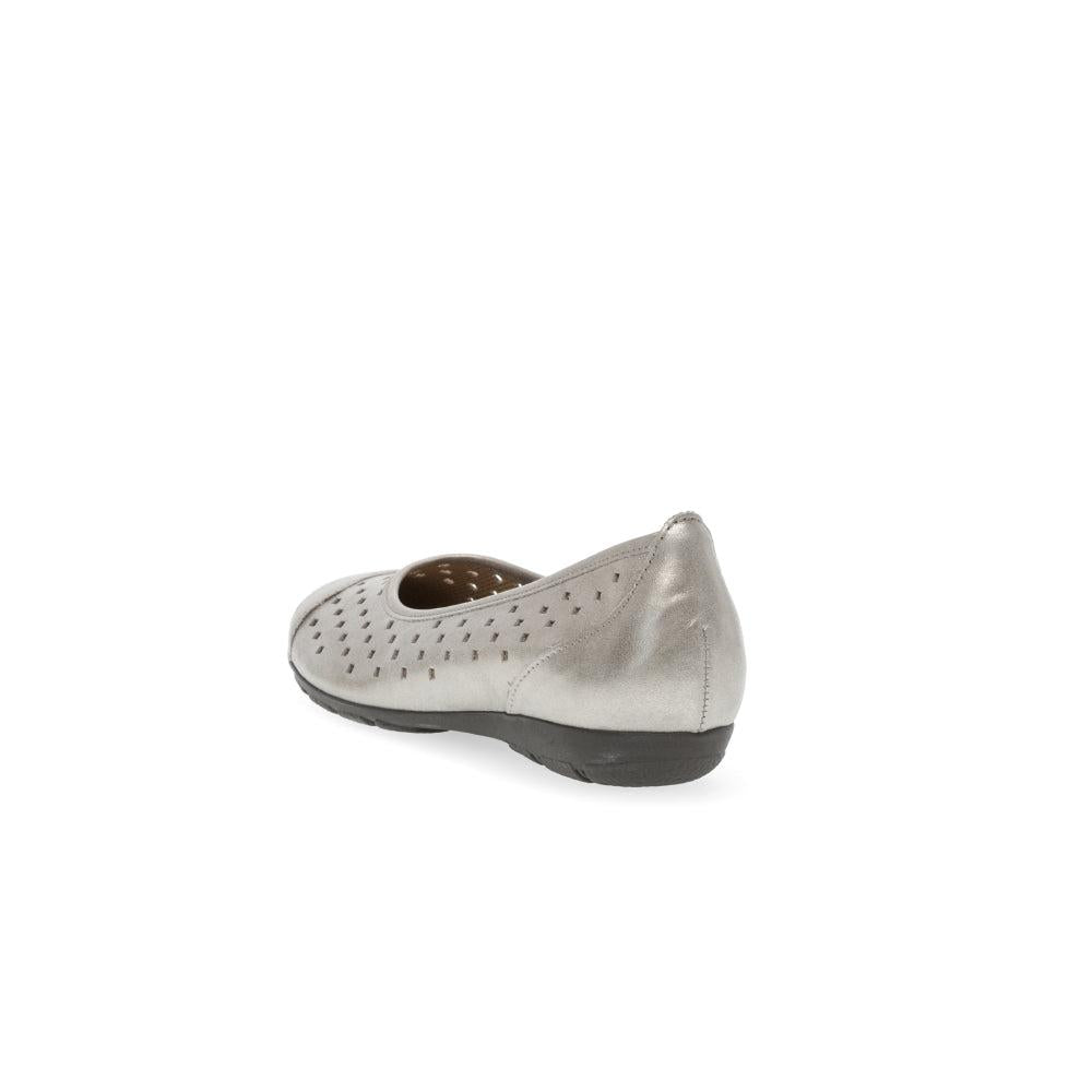 Gabor ladies' gold leather slip-on ruffle shoes with perforated design and low black sole.