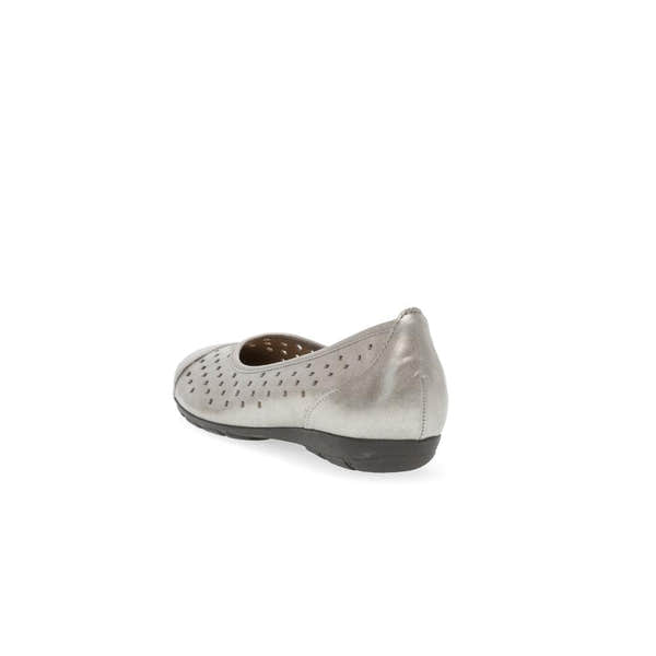 Gabor ladies' gold leather slip-on ruffle shoes with perforated design and low black sole.