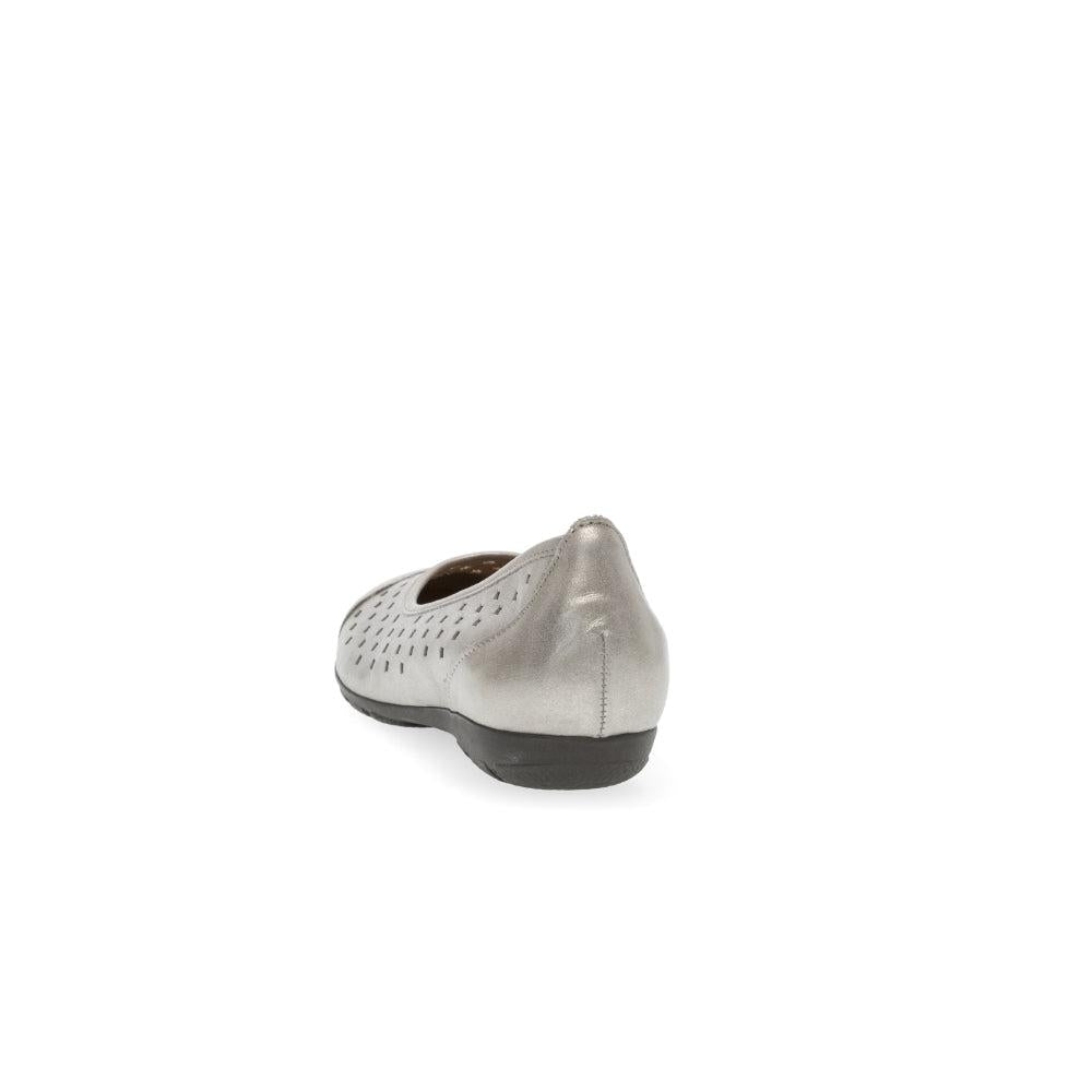 Gabor women's gold leather slip-on shoes with perforated design and low black rubber sole.