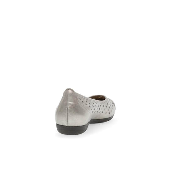 Gabor women's gold leather slip-on ruffle shoes with perforated design and black sole.