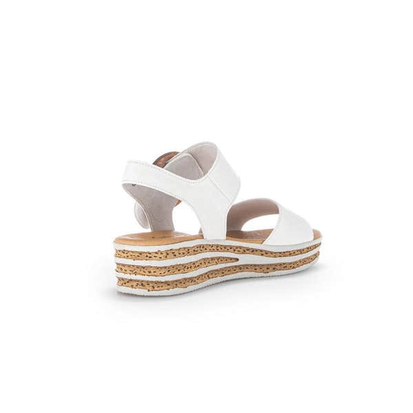 Gabor Ladies Creamy White Leather Touch Fastening Sandals with layered cork wedge sole, open toe design, and ankle strap.