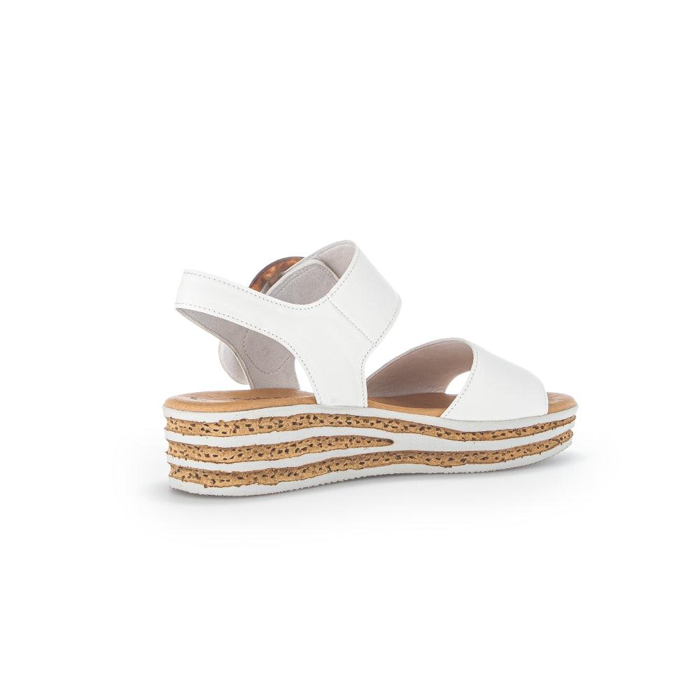 Gabor André women's white leather touch-fastening sandals with layered cork sole and open toe design.