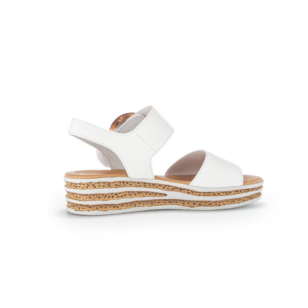 Gabor André ladies white leather touch fastening sandals with layered cork platform soles.