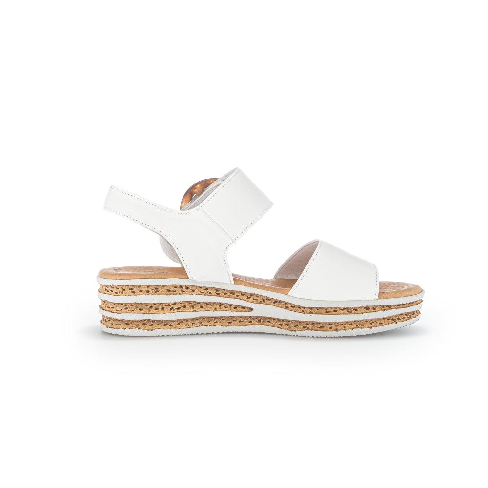 Gabor André women's creamy white leather touch fastening sandals with stacked cork wedge sole.