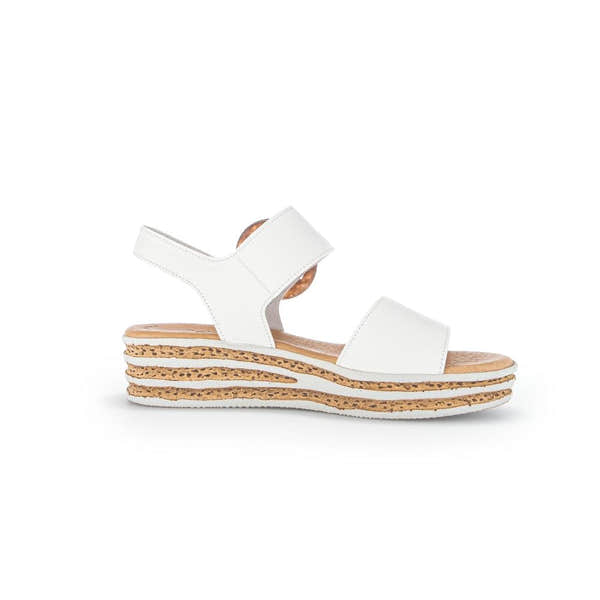 Gabor André women's white leather touch fastening sandals with layered cork wedge sole.