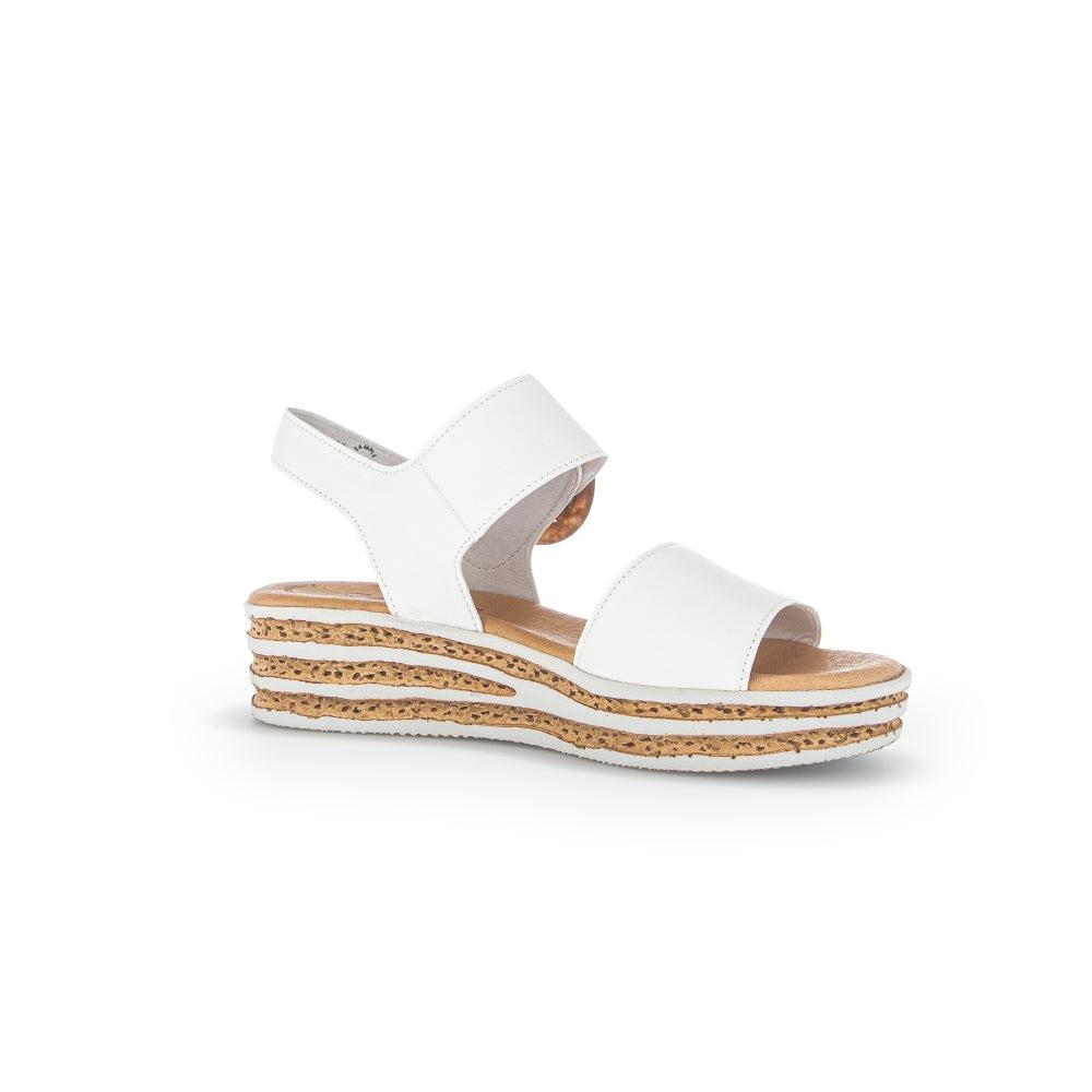 Gabor André Ladies Creamy White Leather Touch Fastening Sandals with stacked cork heel, open toe, and ankle strap.