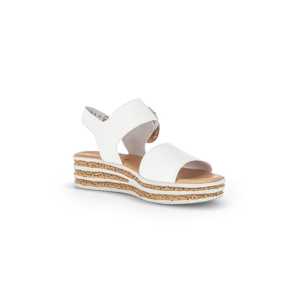 Gabor André women's white leather touch fastening platform sandals with cork and rubber layered sole.